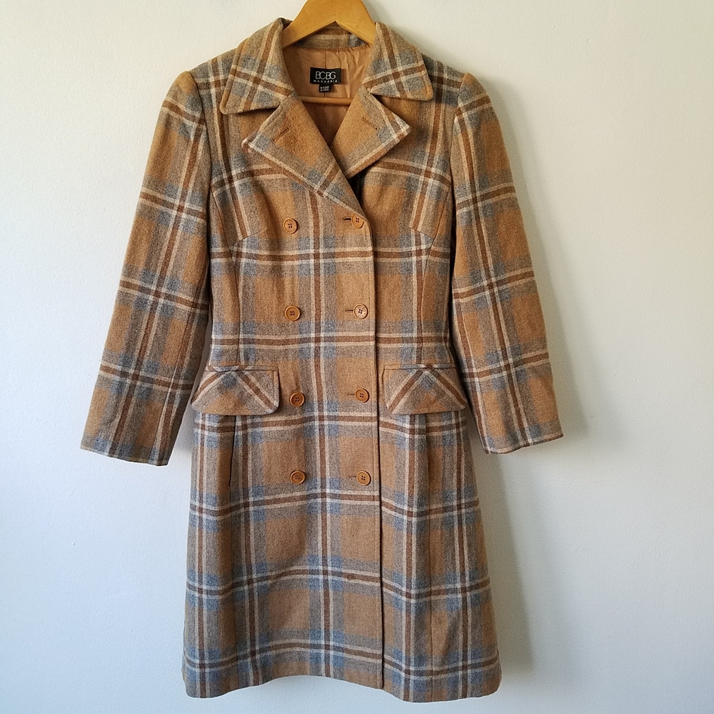 BCBG MAXAZRIA Vintgae 80s Wool Mohair Windowpane Plaid Trench Coat Size Small